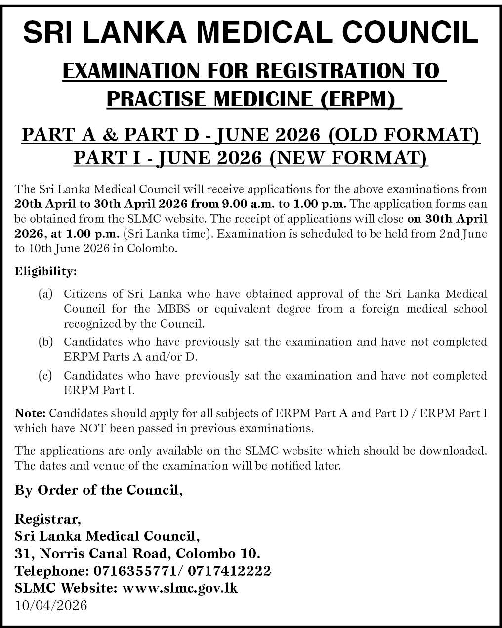  Examination for Registration to Practise Medicine
