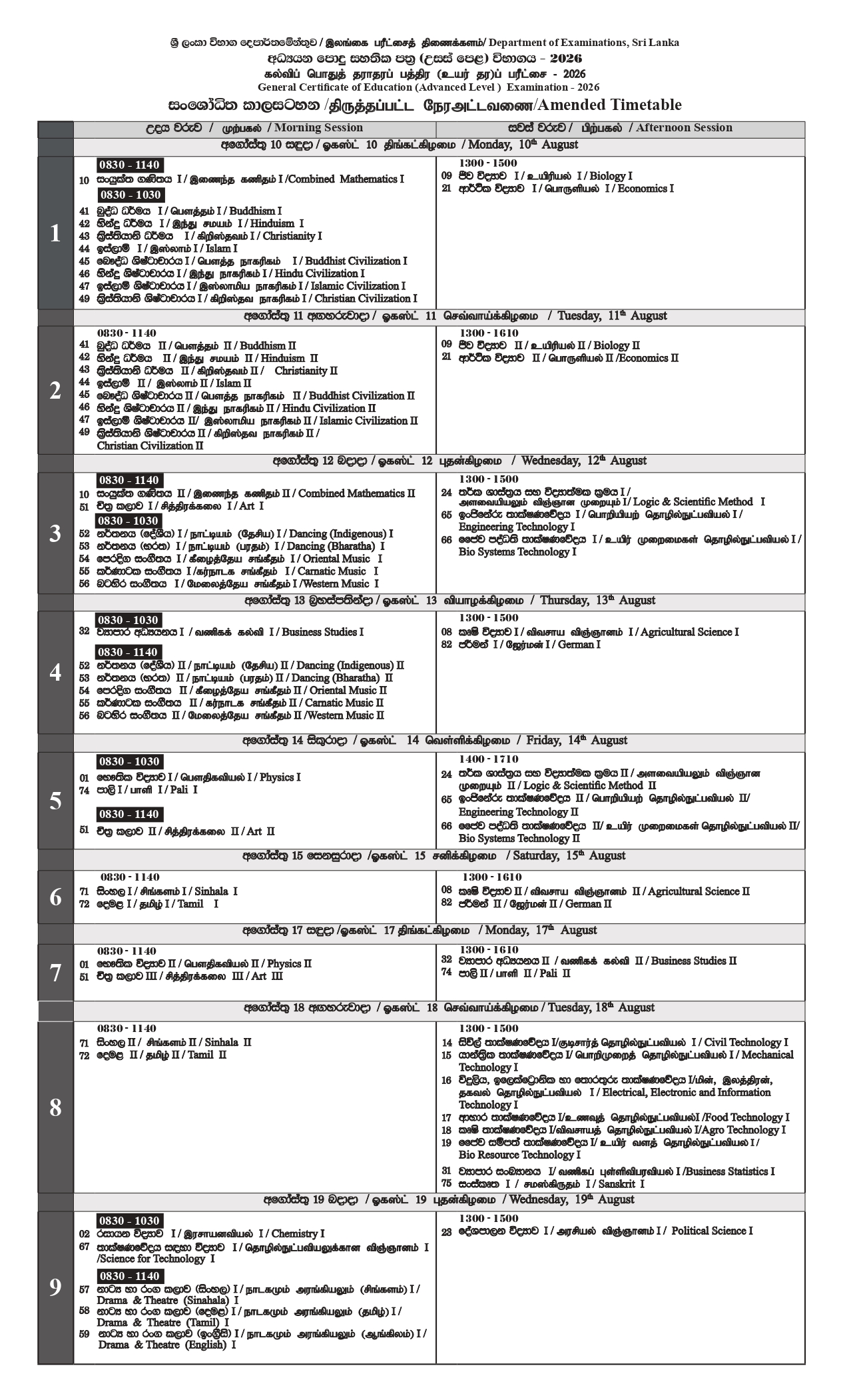 G.C.E. A/L Exam Time Table 2026 I