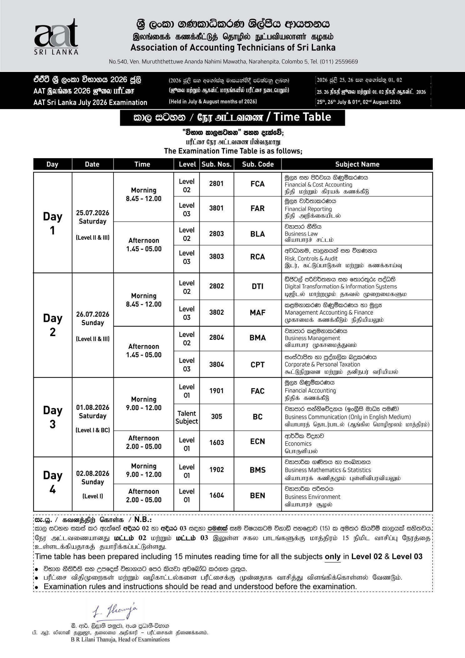Examination Time Table
